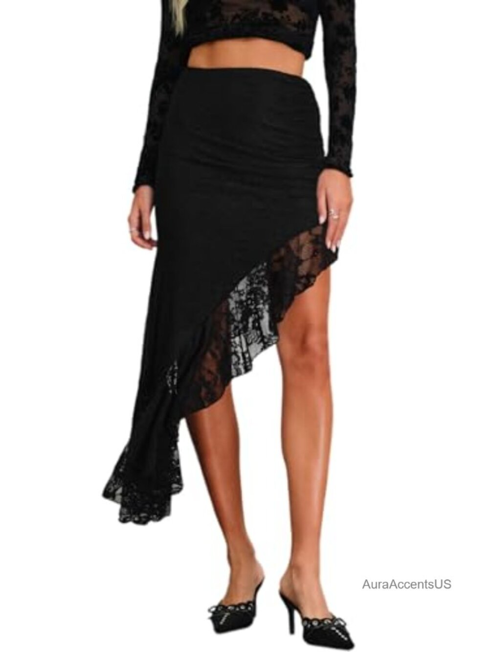 High Waisted Ruched Mesh Flowy Ruffle Trim Midi Long Skirt
